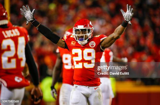 Safety Eric Berry of the Kansas City Chiefs celebrates the fourth quarter interception of teammate safety Daniel Sorensen of the Kansas City Chiefs...