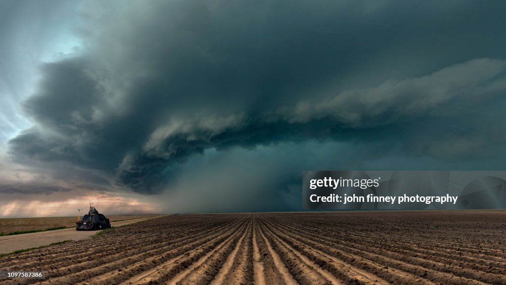 Tornado Intercept Vehicle with a severe thunderstorm, Colorado. USA