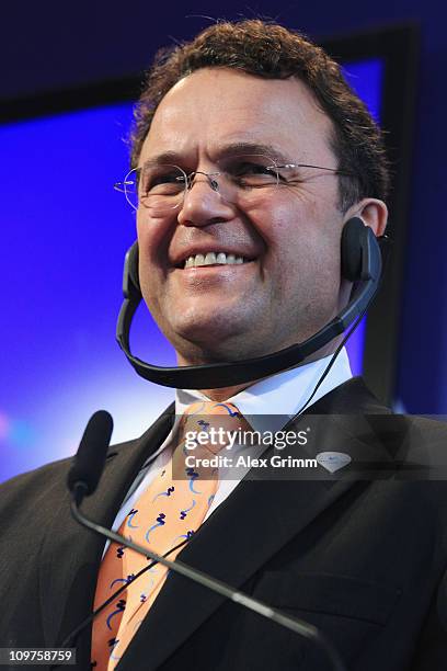 German Interior Minister Hans-Peter Friedrich addresses the media during a press conference at the Munich 2018 media center on March 4, 2011 in...