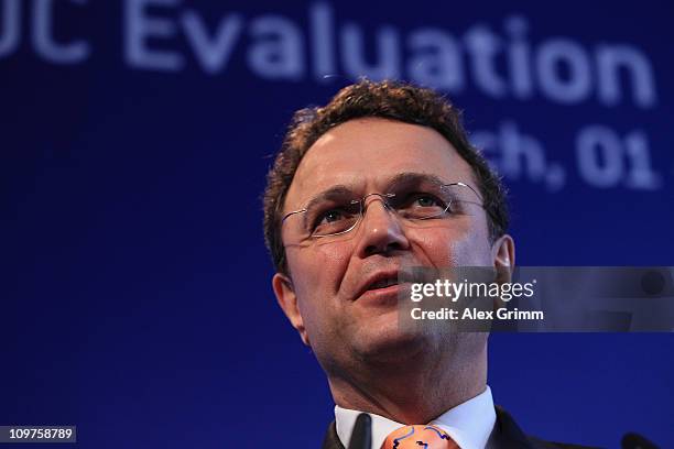 German Interior Minister Hans-Peter Friedrich addresses the media during a press conference at the Munich 2018 media center on March 4, 2011 in...