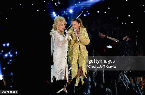 Dolly Parton and Miley Cyrus perform onstage during the 61st Annual GRAMMY Awards at Staples Center on February 10, 2019 in Los Angeles, California.