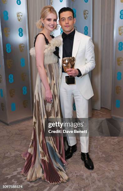 Lucy Boynton and Rami Malek attend the EE British Academy Film Awards gala dinner at The Grosvenor House Hotel on February 10, 2019 in London,...