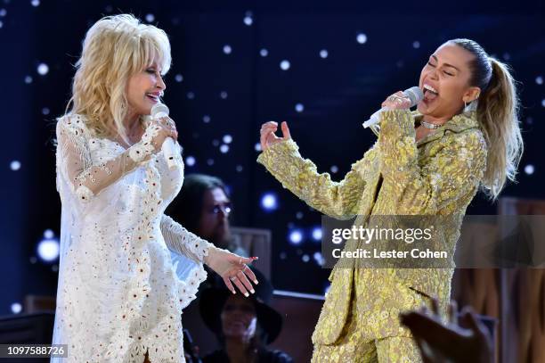 Dolly Parton and Miley Cyrus perform onstage during the 61st Annual GRAMMY Awards at Staples Center on February 10, 2019 in Los Angeles, California.