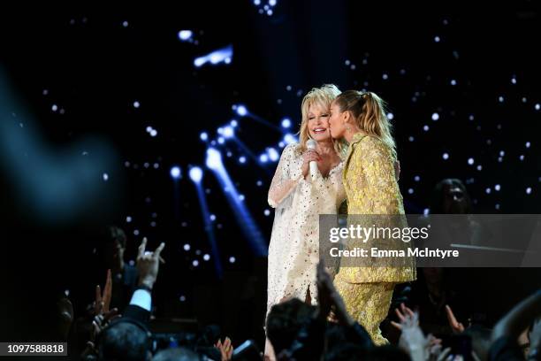 Dolly Parton and Miley Cyrus perform during the 61st Annual GRAMMY Awards at Staples Center on February 10, 2019 in Los Angeles, California.