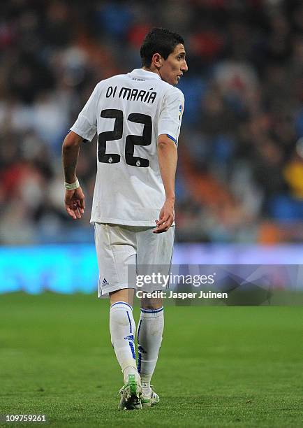 Angel Di Maria of Real Madrid looks on during the la Liga match between Real Madrid and Malaga at Estadio Santiago Bernabeu on March 3, 2011 in...