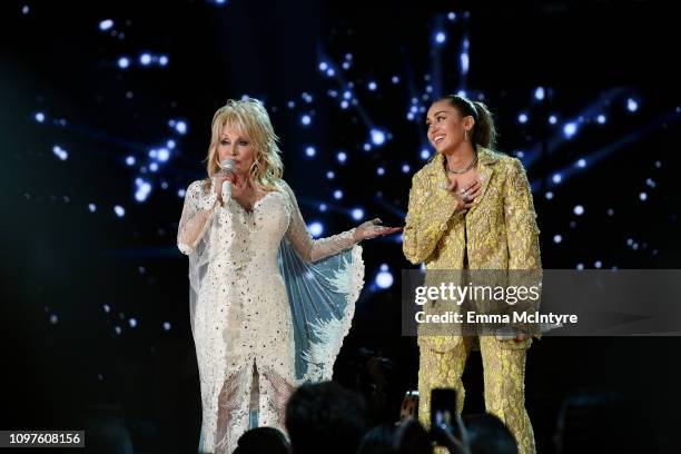 Dolly Parton and Miley Cyrus perform onstage during the 61st Annual GRAMMY Awards at Staples Center on February 10, 2019 in Los Angeles, California.