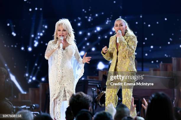 Dolly Parton and Miley Cyrus perform onstage during the 61st Annual GRAMMY Awards at Staples Center on February 10, 2019 in Los Angeles, California.