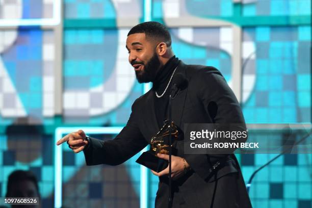 Canadian rapper Drake accepts the award for Best Rap Song for "Gods Plan" during the 61st Annual Grammy Awards on February 10 in Los Angeles.