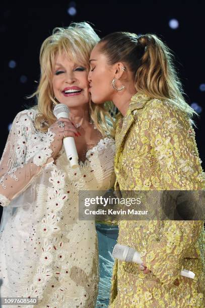 Dolly Parton and Miley Cyrus perform onstage during the 61st Annual GRAMMY Awards at Staples Center on February 10, 2019 in Los Angeles, California.