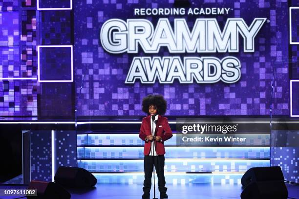 Raif-Henok Emmanuel Kendrick speaks onstage during the 61st Annual GRAMMY Awards at Staples Center on February 10, 2019 in Los Angeles, California.