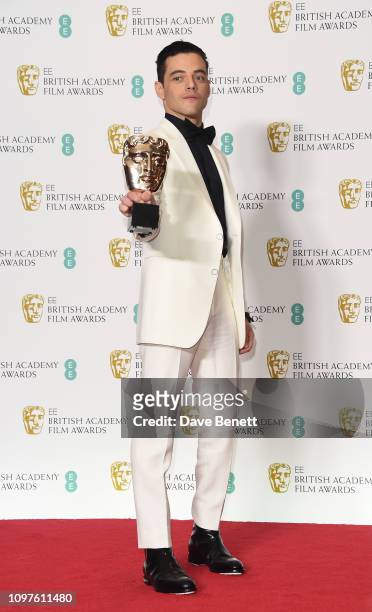 Rami Malek, winner of Best Actor for the film Bohemian Rhapsody poses in the press room at the EE British Academy Film Awards at Royal Albert Hall on...