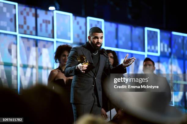 Drake accepts Best Rap Song for 'God's Plan' onstage during the 61st Annual GRAMMY Awards at Staples Center on February 10, 2019 in Los Angeles,...