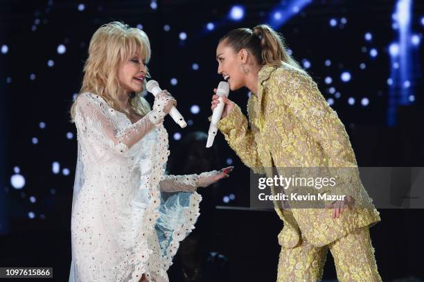 Dolly Parton and Miley Cyrus perform onstage during the 61st Annual GRAMMY Awards at Staples Center on February 10, 2019 in Los Angeles, California.