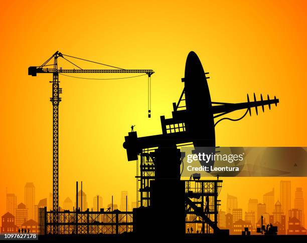 making a giant satellite dish - large scale construction stock illustrations