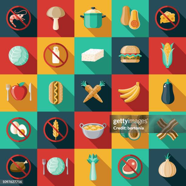 illustrazioni stock, clip art, cartoni animati e icone di tendenza di set di icone vegetariano vegano flat design - allergia
