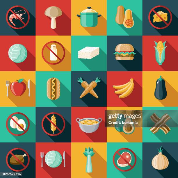 stockillustraties, clipart, cartoons en iconen met vegetarische vegan platte ontwerp icon set - kipburger