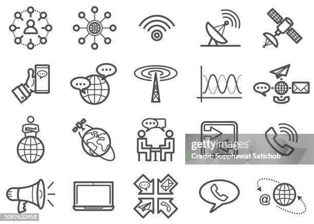 kommunikation linie icons set - satellitenschüssel stock-grafiken, -clipart, -cartoons und -symbole