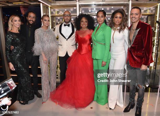 Kimberly Ryan, Ross Arne Naess, Ashlee Simpson, Swizz Beatz, Diana Ross, Tracee Ellis Ross, Eve and Evan Ross pose backstage during the 61st Annual...