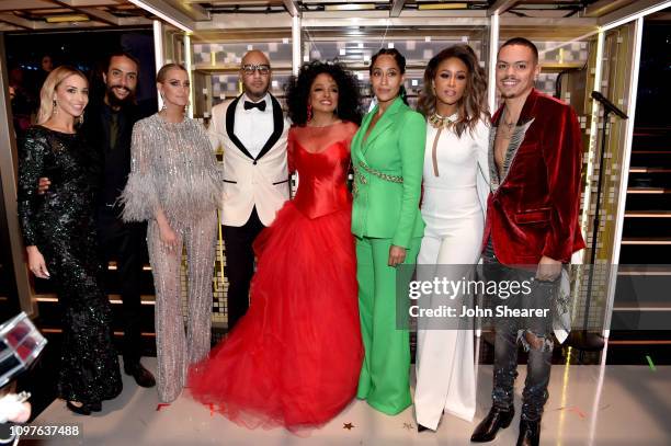 Kimberly Ryan, Ross Arne Naess, Ashlee Simpson, Swizz Beatz, Diana Ross, Tracee Ellis Ross, Eve and Evan Ross pose backstage during the 61st Annual...