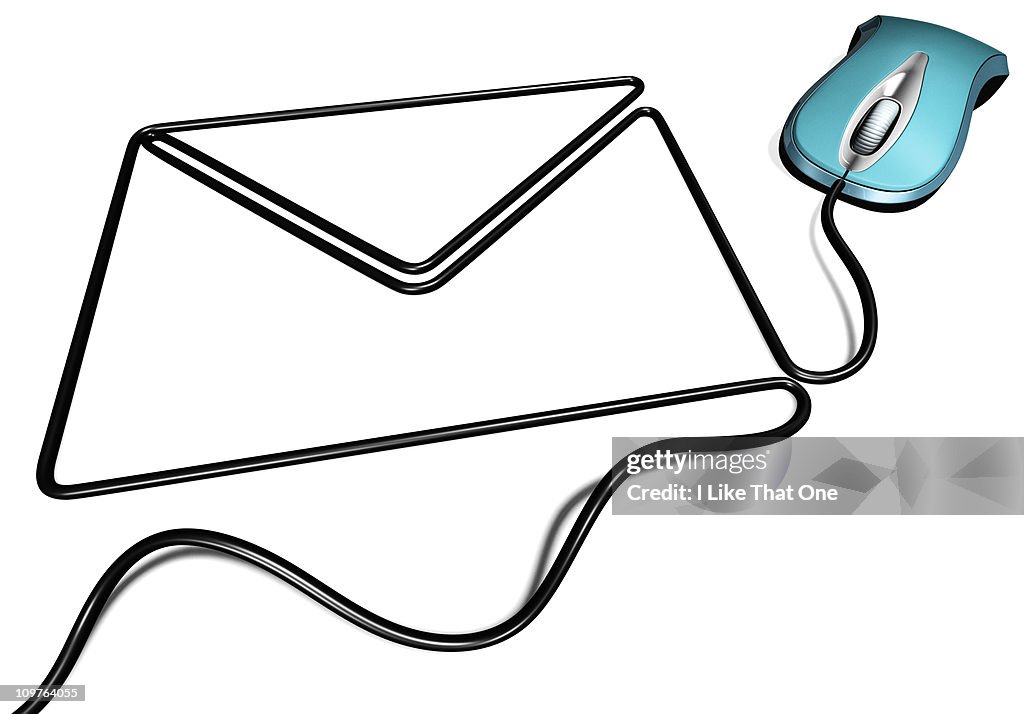 Blue computer mouse with cable forming an envelope