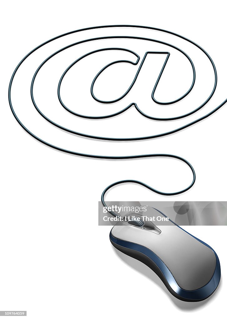 Blue computer mouse with cable forming an @ sign