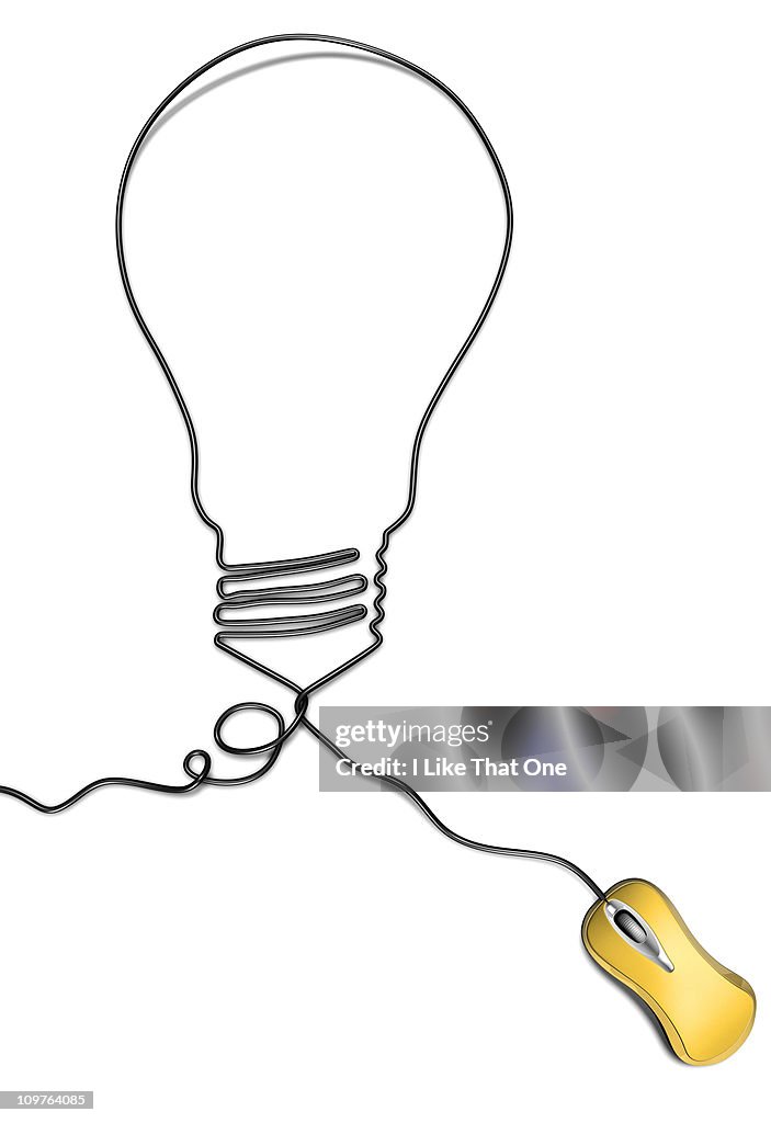 Yellow computer mouse cable forming a lightbub