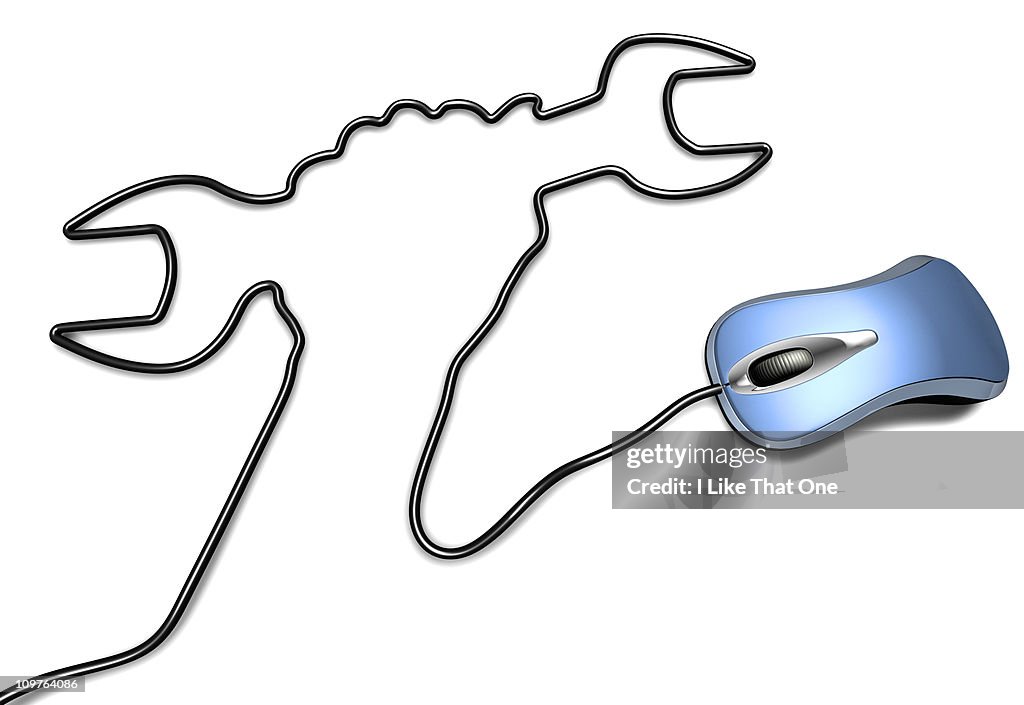 Blue computer mouse cable forming a hand & spanner