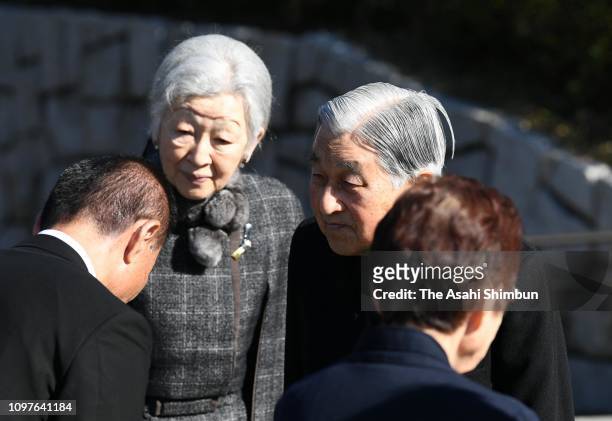 Emperor Akihito and Empress Michiko are seen on arrival to commemorate died sailors of commercial and fishery vessels during the WWII at Kannonzaki...