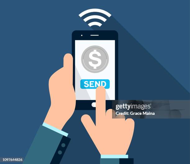 smartphone sending money financial transaction through wireless connection - checkout screen stock illustrations
