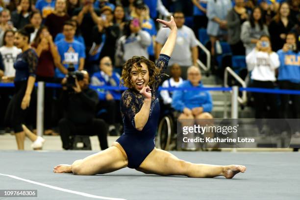 S Katelyn Ohashi competes in floor exercise during a PAC-12 meet against Arizona State at Pauley Pavilion on January 21, 2019 in Los Angeles,...