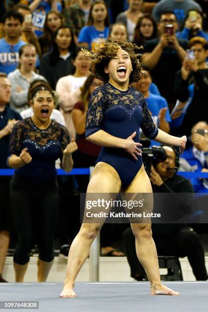 S Katelyn Ohashi competes in floor exercise during a PAC-12 meet against Arizona State at Pauley Pavilion on January 21, 2019 in Los Angeles,...