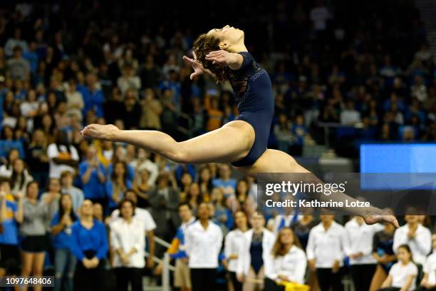 S Katelyn Ohashi competes in floor exercise during a PAC-12 meet against Arizona State at Pauley Pavilion on January 21, 2019 in Los Angeles,...