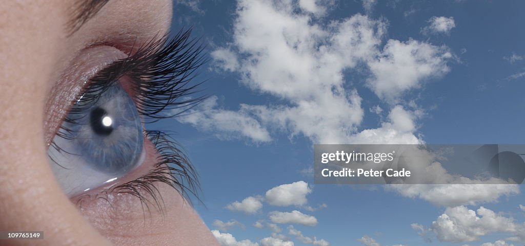 Womans eye looking at blue sky with clouds
