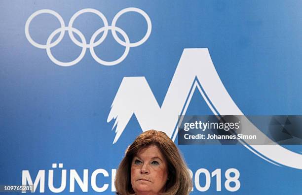 Gunilla Lindberg, head of IOC Evaluation Commission addresses the media during a press conference on March 4, 2011 in Munich, Germany. The IOC's...