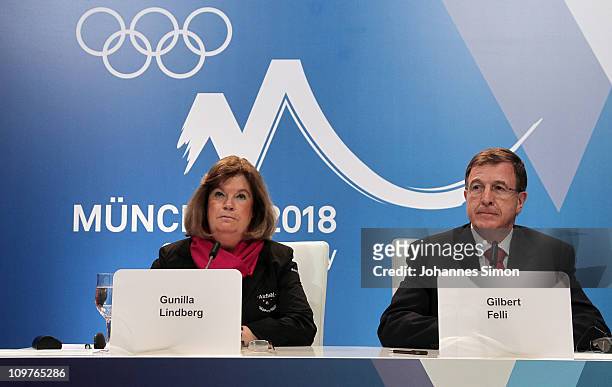 Gunilla Lindberg , head of IOC Evaluation Commission and vice Gilbert Felli address the media during a press conference on March 4, 2011 in Munich,...