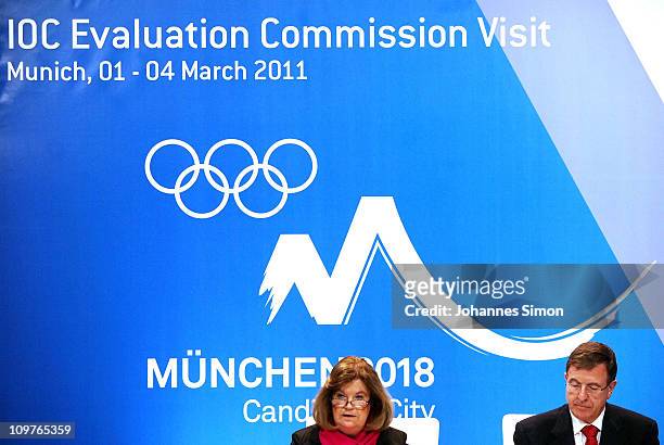 Gunilla Lindberg , head of IOC Evaluation Commission and vice Gilbert Felli addresses the media during a press conference on March 4, 2011 in Munich,...
