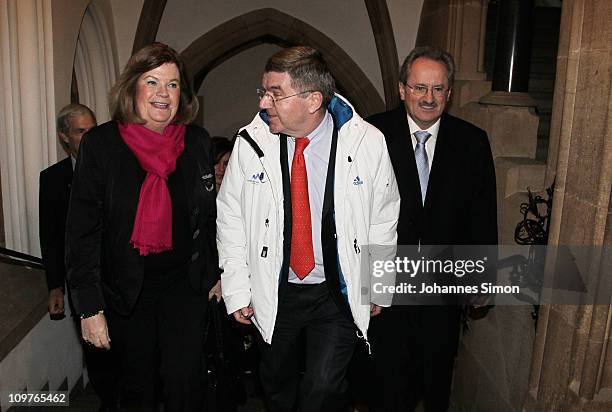 Gunilla Lindberg , head of IOC Evaluation Commission, Thomas Bach, head of German NOC and Munich's lord mayor Christian Ude arrive for the final...