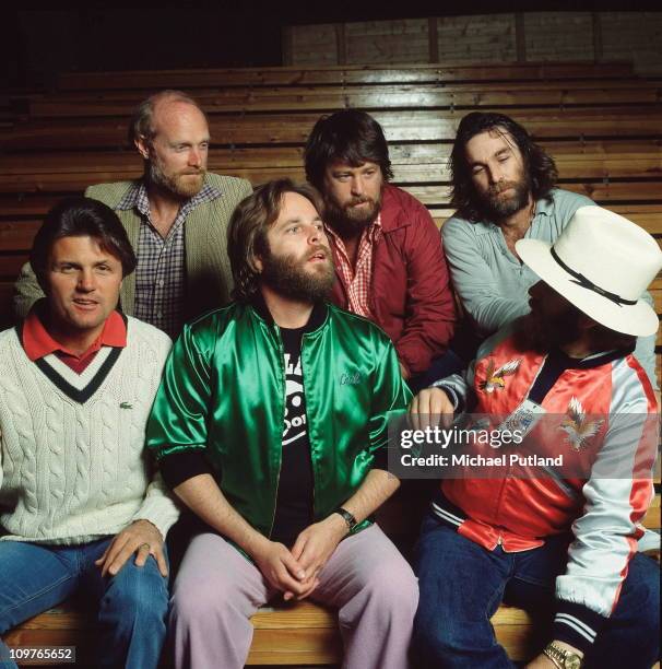 Back row Mike Love, Brian Wilson and Dennis Wilson . Front row, Bruce Johnston, Carl Wilson and Al Jardine of American group the Beach Boys pose in...