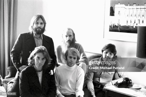 Carl Wilson , Dennis Wilson , Mike Love, Al Jardine and Bruce Johnston of American group the Beach Boys pose backstage in December 1970.
