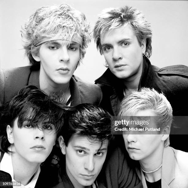 Group Portrait of British band Duran Duran in London, England in 1981. Left to right are keyboard player Nick Rhodes, singer Simon Le Bon, bassist...