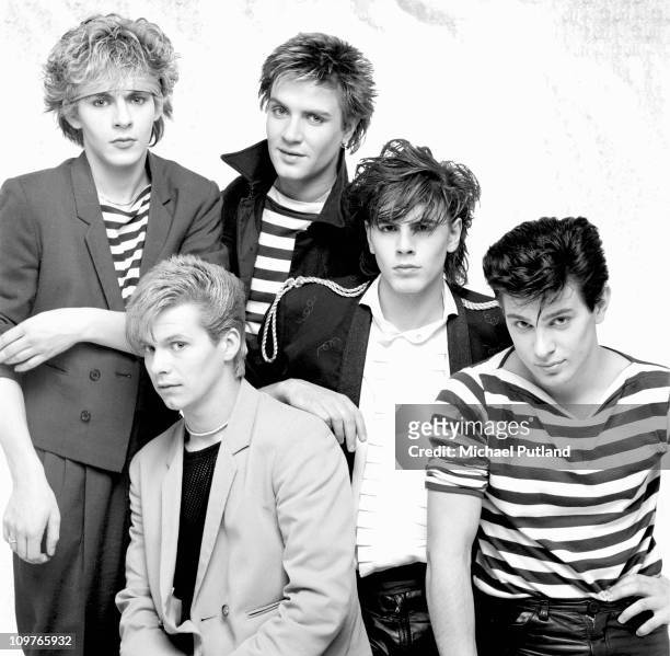 Group Portrait of British band Duran Duran in London, England in 1981. Left to right are keyboard player Nick Rhodes, guitarist Andy Taylor, singer...