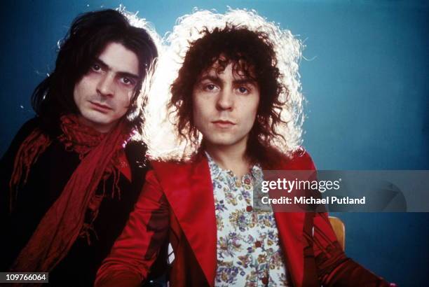 Percussionist Mickey Finn and singer Marc Bolan of T-Rex pose in 1972.