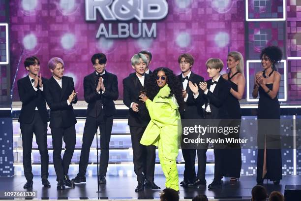 Accepts the Best R&B Album award for 'H.E.R.' from BTS onstage during the 61st Annual GRAMMY Awards at Staples Center on February 10, 2019 in Los...