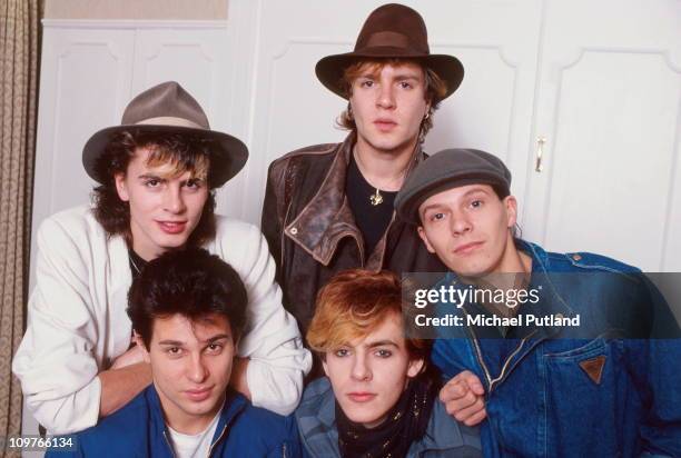 Group Portrait of British band Duran Duran in 1981. Left to right bassist John Taylor, singer Simon Le Bon, drummer Roger Taylor, keyboard player...