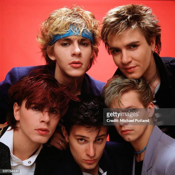 Group Portrait of British band Duran Duran in London, England in 1981. Left to right are keyboard player Nick Rhodes, singer Simon Le Bon, bassist...