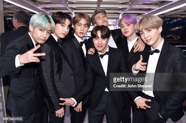 South Korean boy band BTS backstage during the 61st Annual GRAMMY Awards at Staples Center on February 10, 2019 in Los Angeles, California.