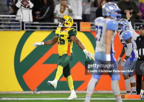 Jhurell Pressley of the Arizona Hotshots celebrates his touchdown during the second half of the Alliance of American Football game at Sun Devil...