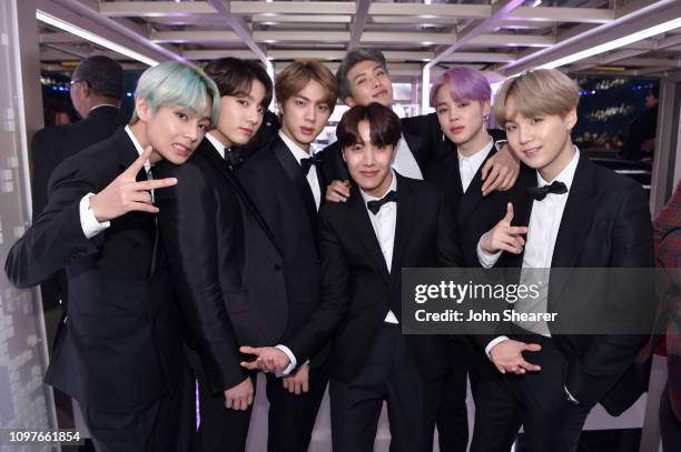 South Korean boy band BTS backstage during the 61st Annual GRAMMY Awards at Staples Center on February 10, 2019 in Los Angeles, California.