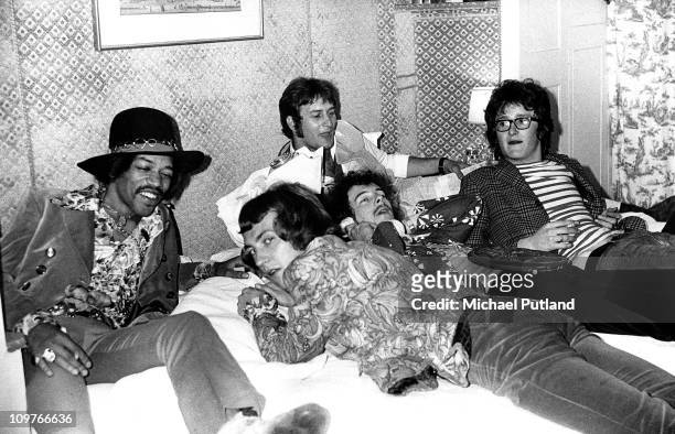American rock guitarist Jimi Hendrix , bassist Noel Redding and drummer Mitch Mitchell of the Jimi Hendrix Experience with DJ Emperor Rosko and Lord...