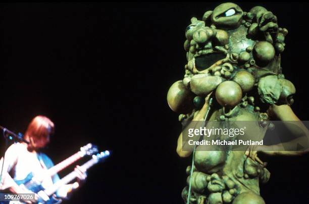 Singer Peter Gabriel of Genesis performing on stage circa 1974.